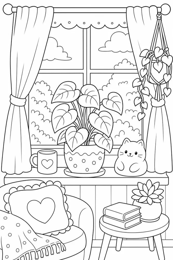 Cute Cozy Houseplant Window coloring page