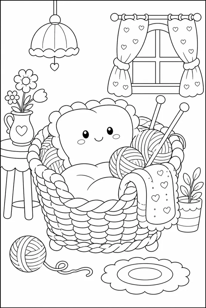 Cute Cozy Knitting Basket Chair coloring page