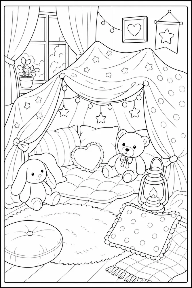 Cute Cozy Pillow Fort Corner coloring page