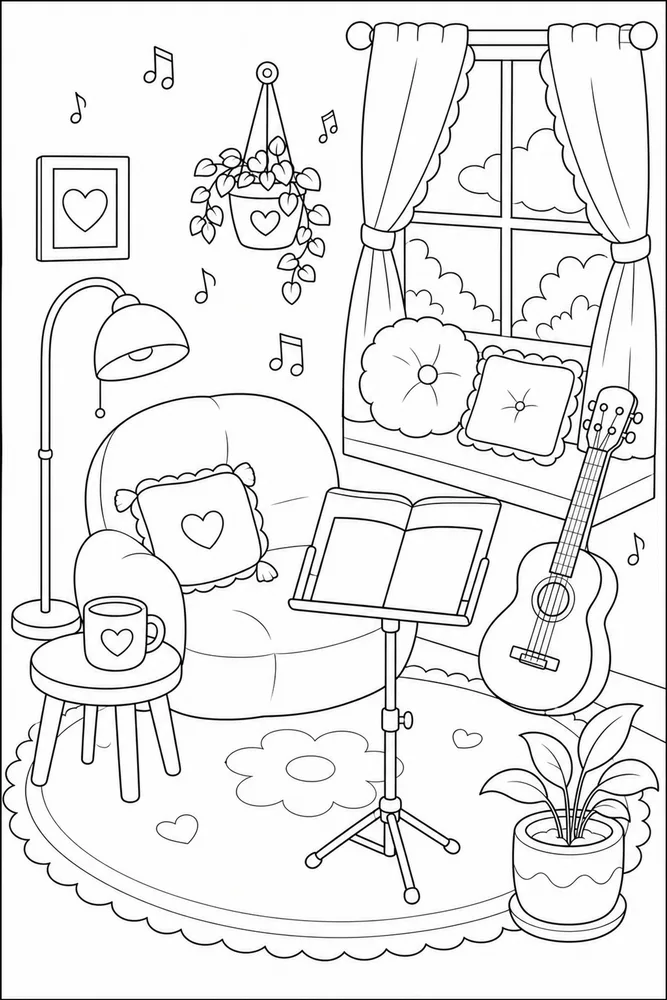 Cute Cozy Quiet Music Corner coloring page
