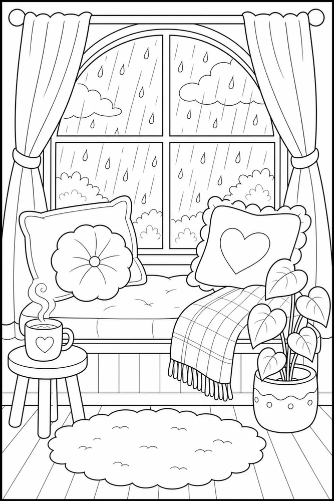 Cute Cozy Rainy Window Seat coloring page