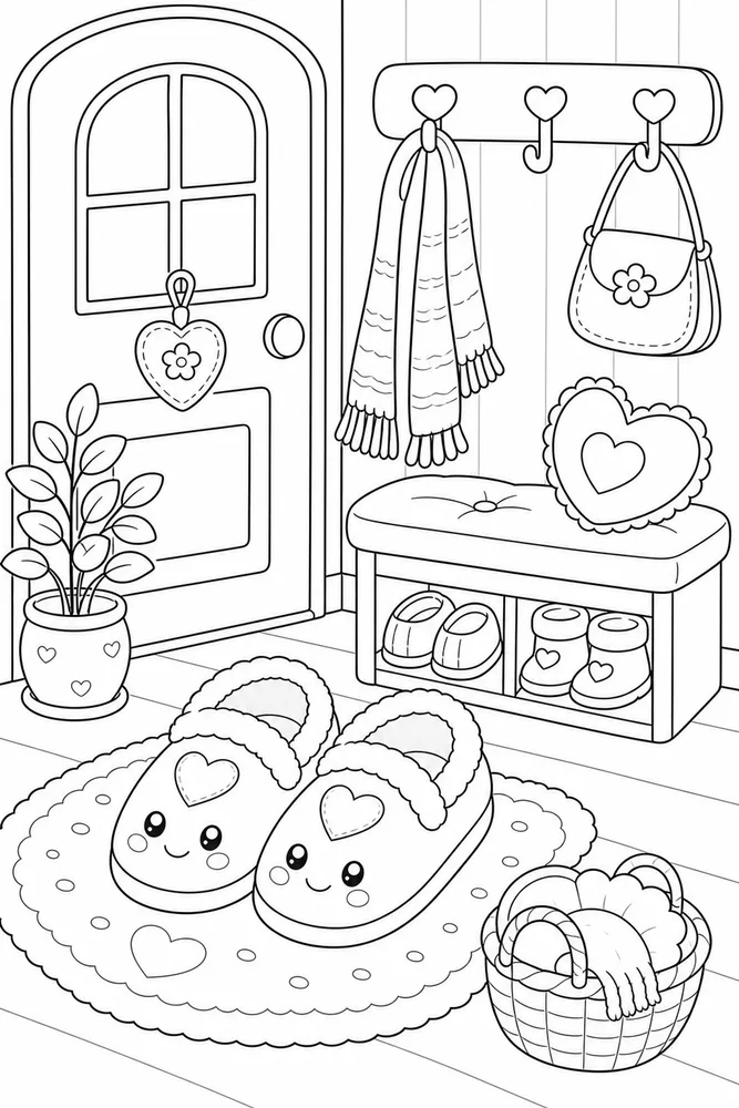 Cute Cozy Soft Slipper Entryway coloring page