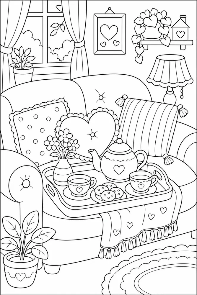 Cute Cozy Tea Tray Sofa coloring page