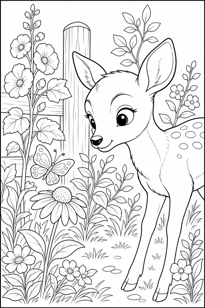 Cute Deer Cute deer garden setting coloring page