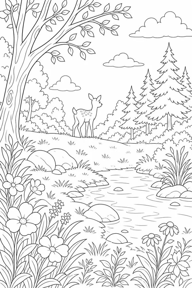 Cute Deer Cute deer habitat background coloring page