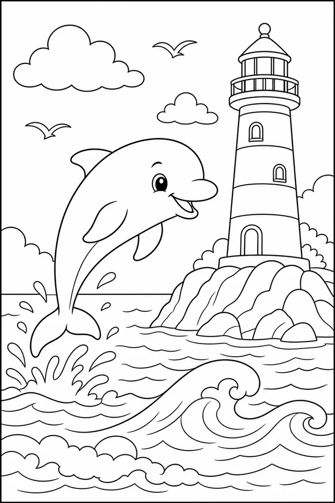 Cute Dolphin Dolphin Lighthouse Water coloring page