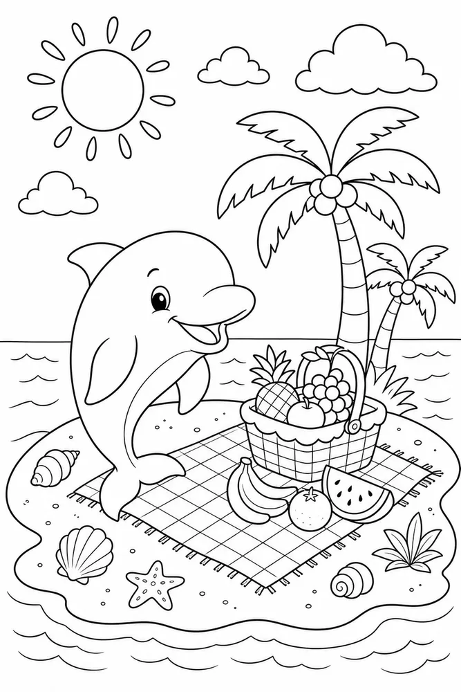 Cute Dolphin Dolphin Picnic Island coloring page