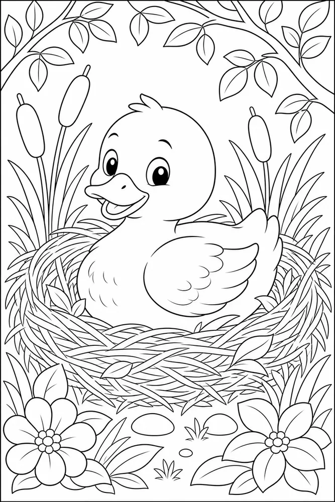 Cute Duck Duck Cozy Nest coloring page