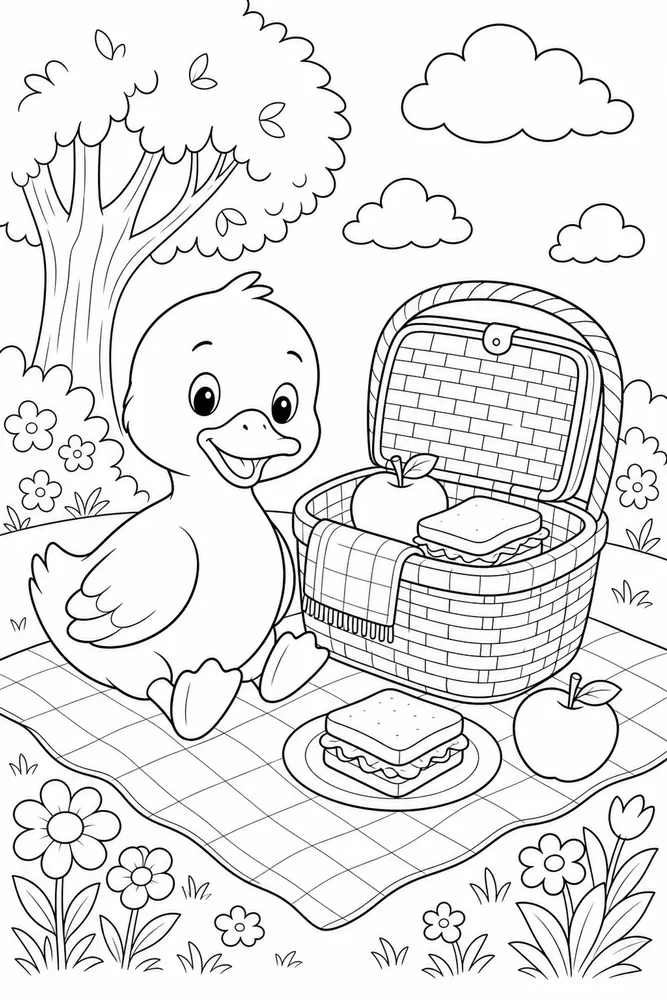 Cute Duck Duck Picnic Basket coloring page