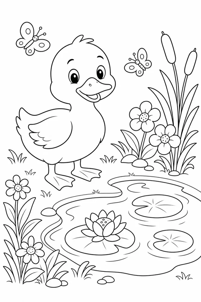 Cute Duck Coloring Pages preview: Cute Duck Duck Pond Flowers coloring page