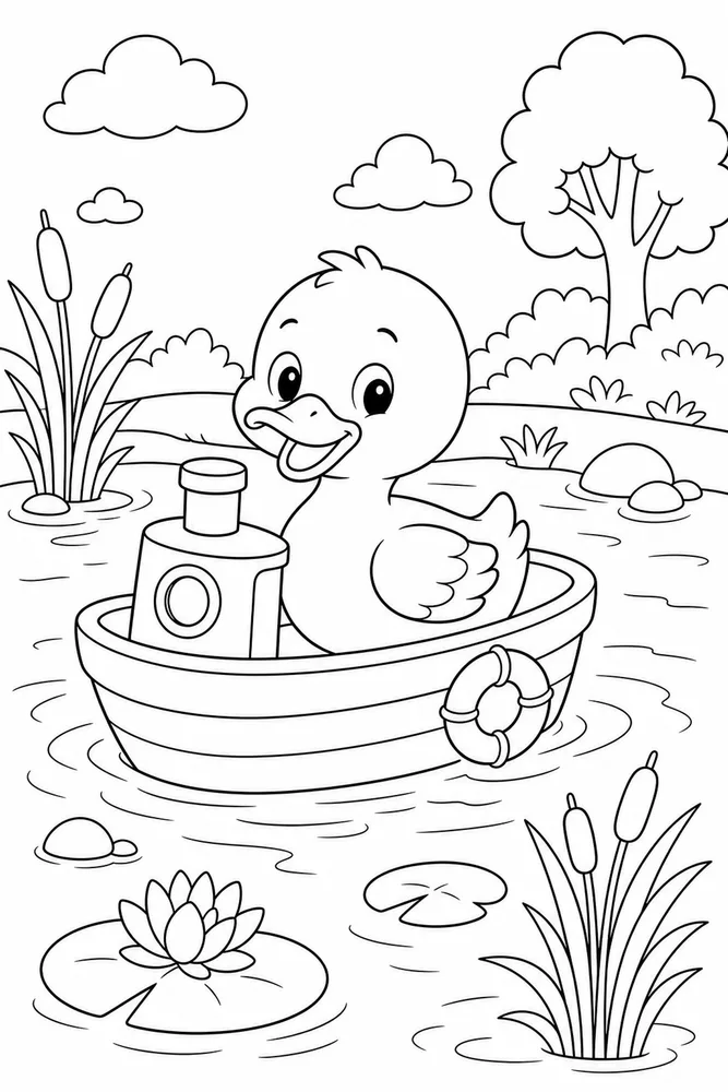 Cute Duck Duck Toy Boat Pond coloring page