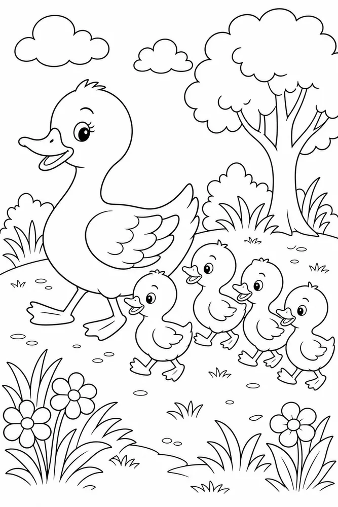 Cute Duck Duckling Family Walk coloring page