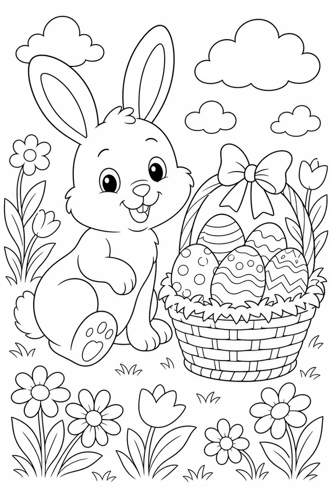 Cute Easter Coloring Pages preview: Cute Easter Bunny Egg Basket coloring page