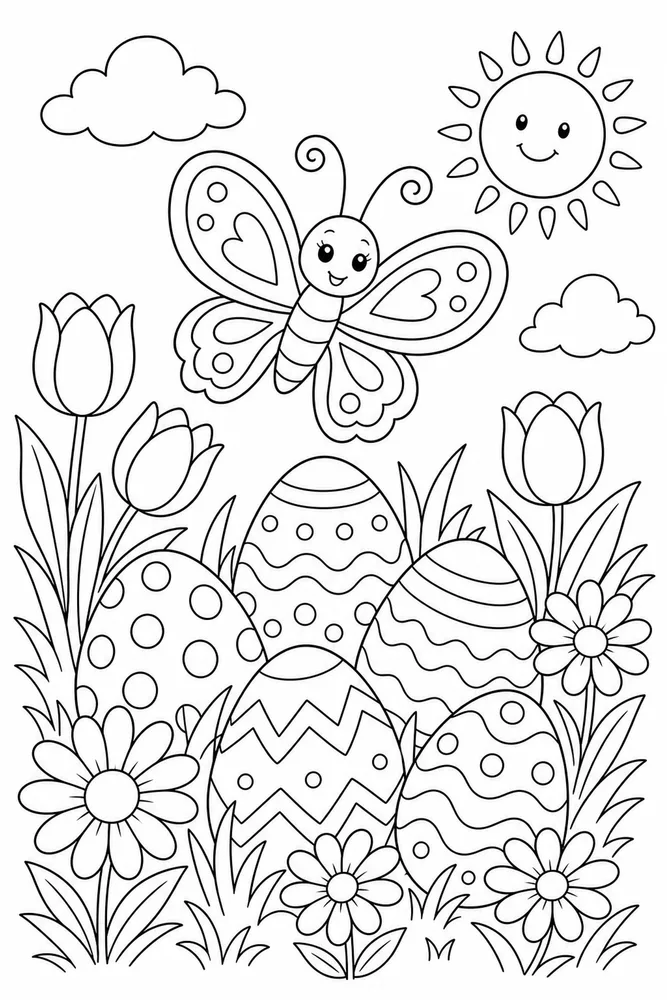 Cute Easter Butterfly Egg Meadow coloring page