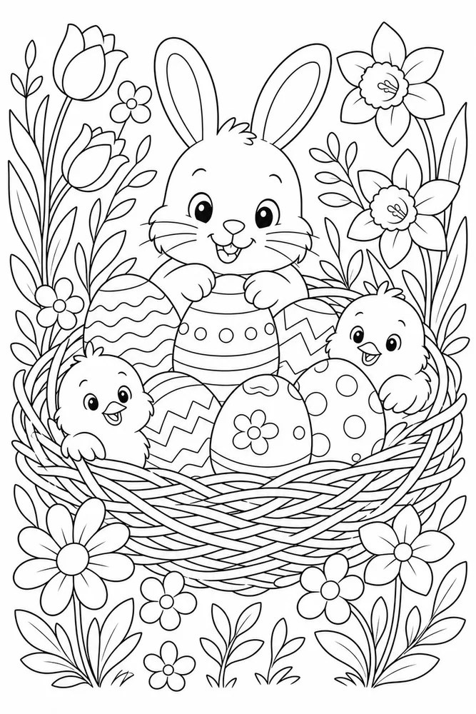 Cute Easter Cozy Nest Scene coloring page