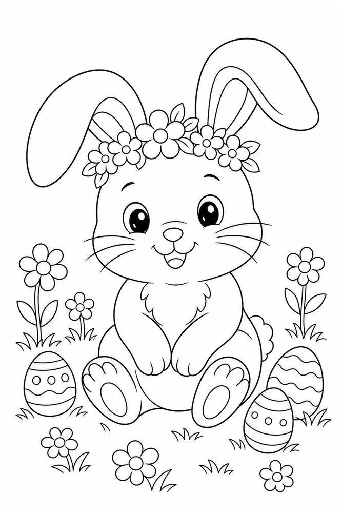 Cute Easter Flower Crown Bunny coloring page