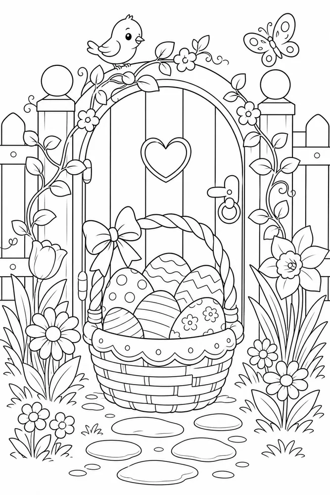 Cute Easter Garden Gate Basket coloring page
