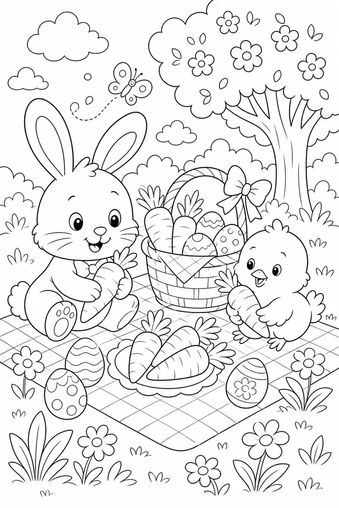Cute Easter Picnic With Carrots coloring page