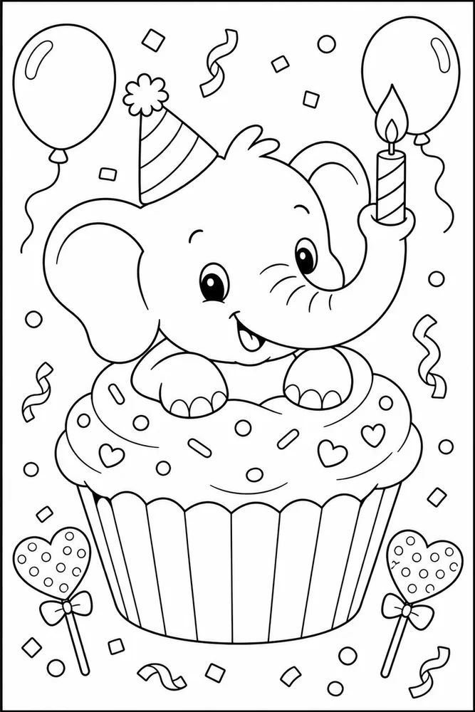 Cute Elephant Elephant Birthday Cupcake coloring page