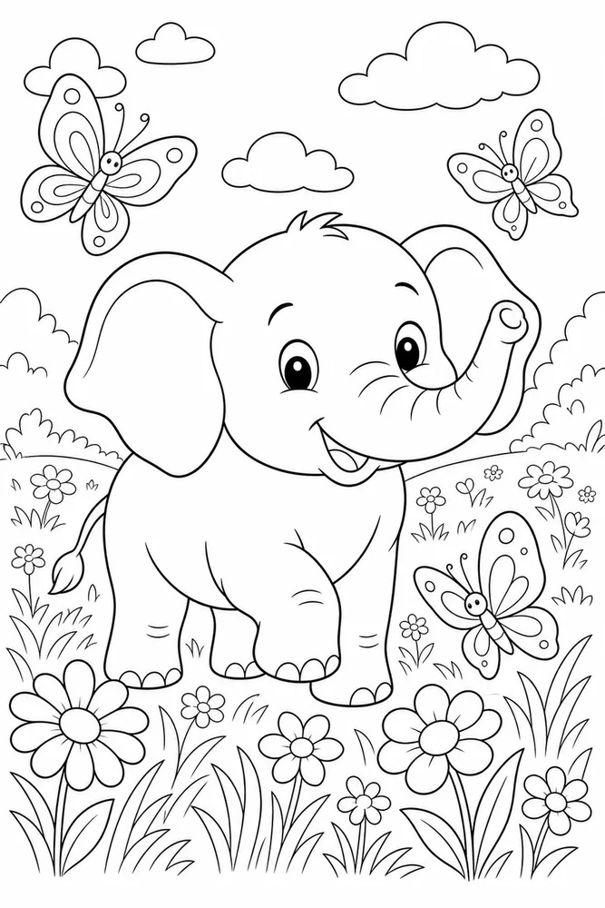 Cute Elephant Elephant Butterfly Meadow coloring page