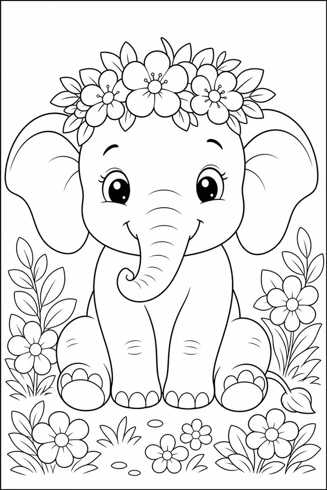 Cute Elephant Coloring Pages preview: Cute Elephant Elephant Flower Crown coloring page