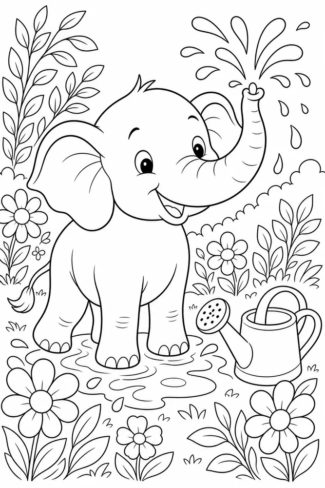 Cute Elephant Elephant Garden Splash coloring page
