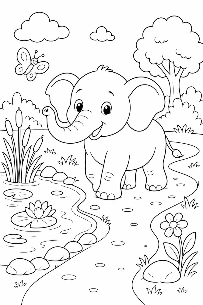 Cute Elephant Elephant Pond Path coloring page