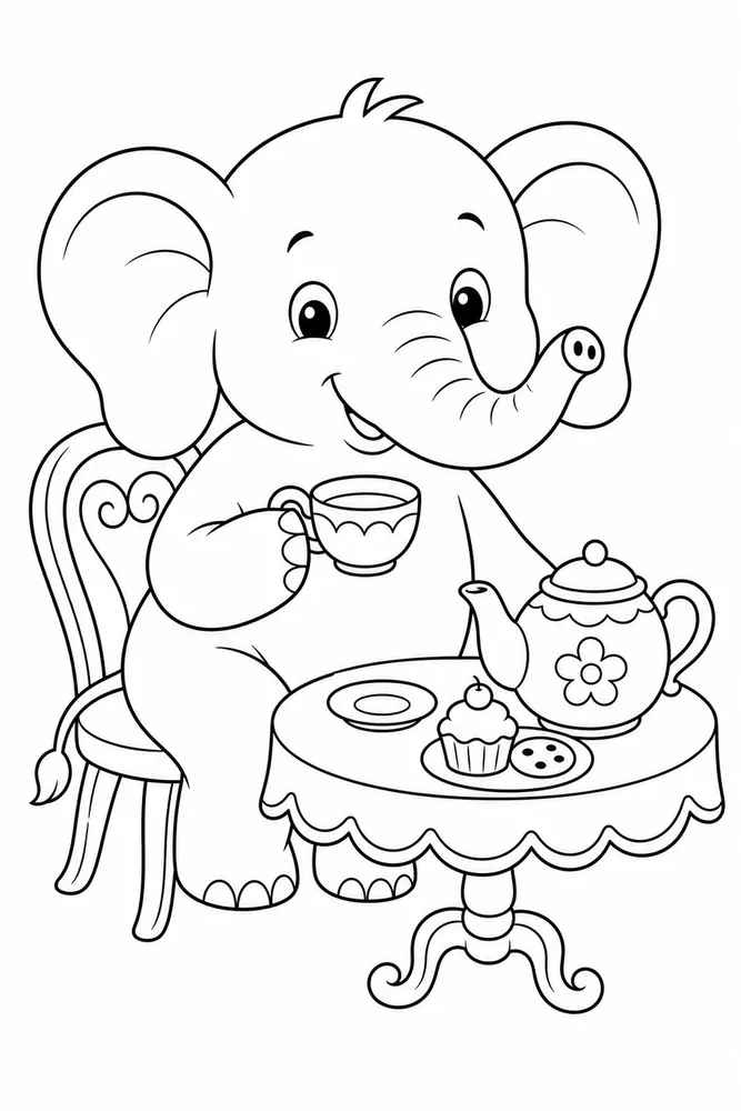 Cute Elephant Elephant Tea Table coloring page