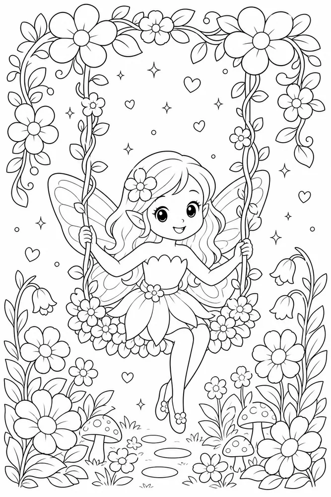 Cute Fairy Fairy Flower Swing coloring page