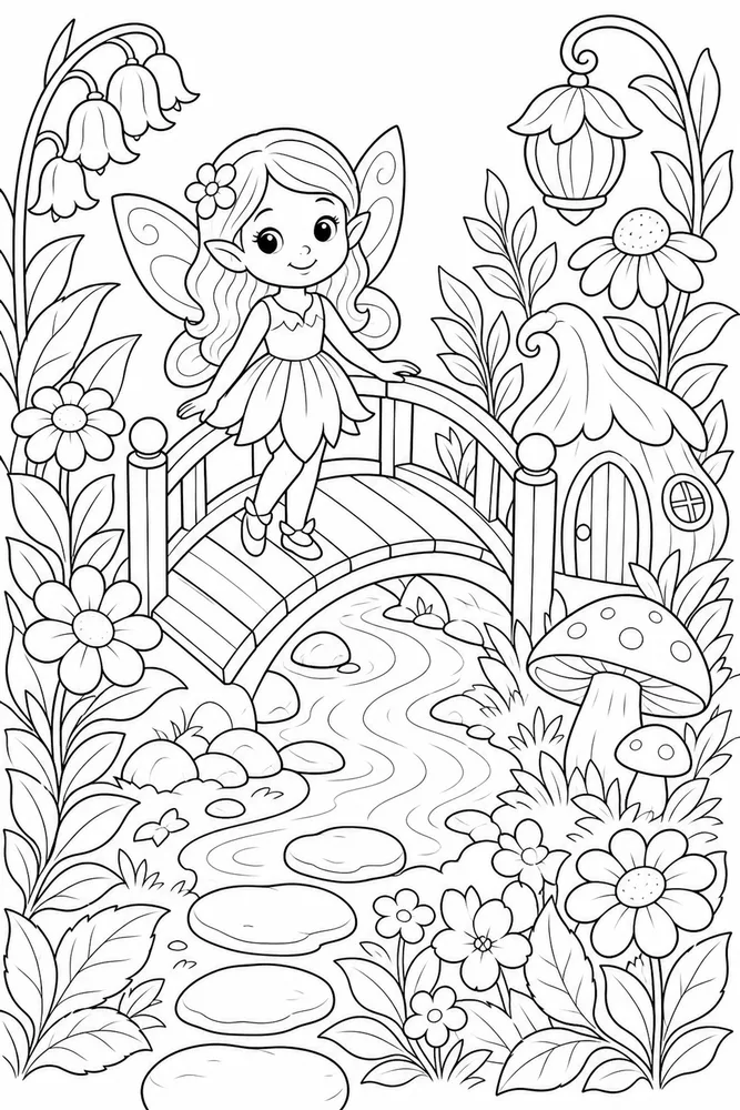 Cute Fairy Fairy Garden Bridge coloring page