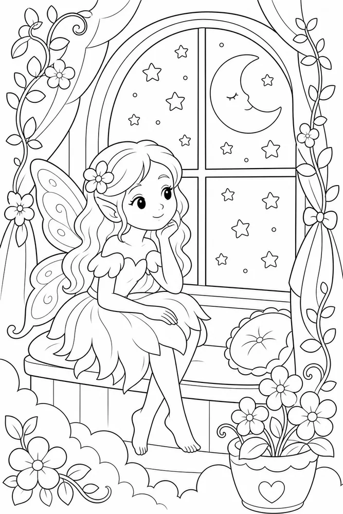 Cute Fairy Fairy Moon Window coloring page