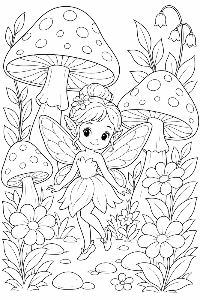 Cute Fairy Coloring Pages preview: Cute Fairy Fairy Mushroom Garden coloring page
