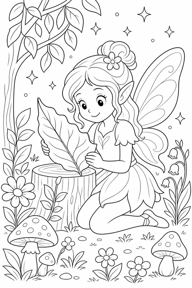 Cute Fairy Fairy Reading Leaf coloring page
