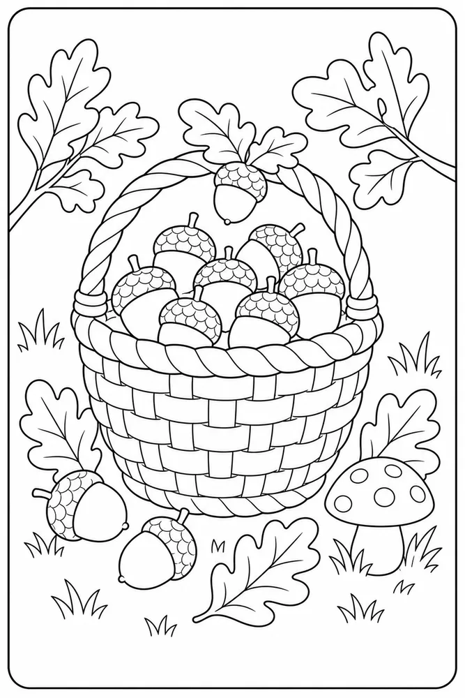 Cute Fall Acorn Basket coloring page