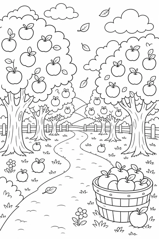 Cute Fall Apple Orchard Path coloring page
