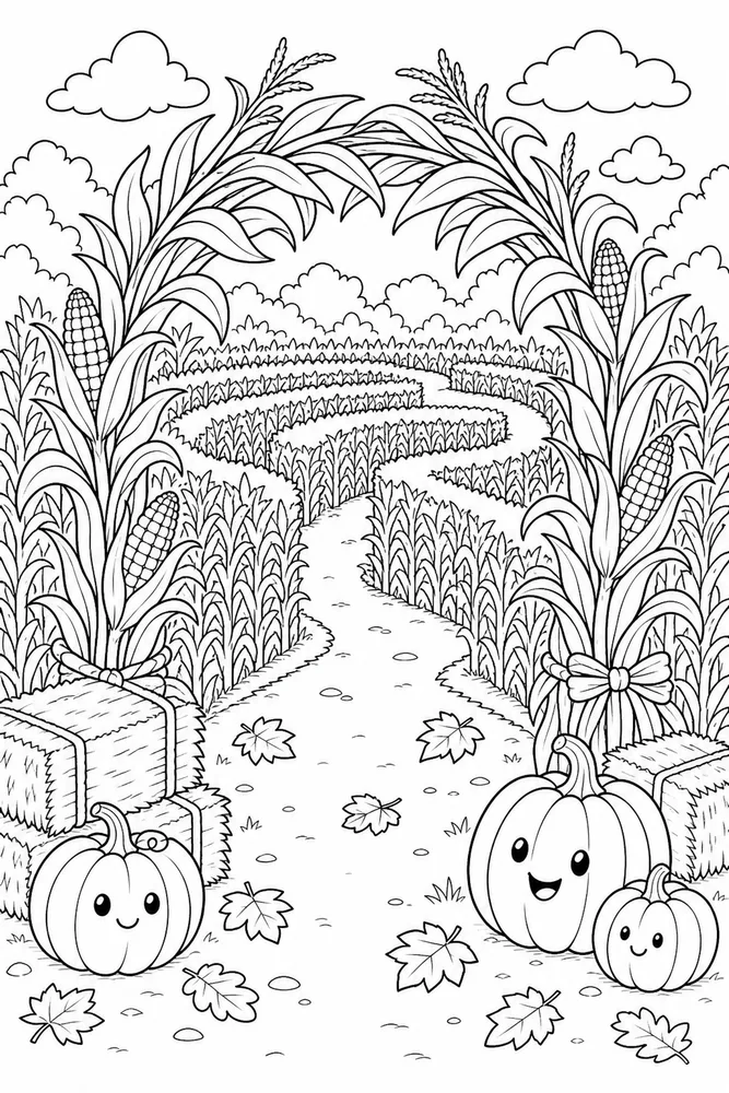 Cute Fall Corn Maze Entrance coloring page