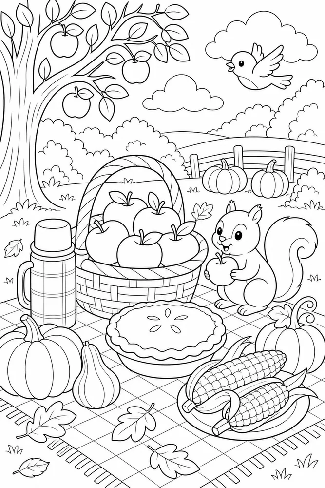 Cute Fall Harvest Picnic coloring page