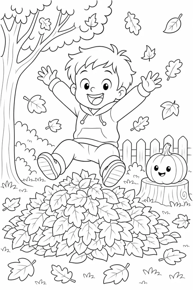 Cute Fall Coloring Pages preview: Cute Fall Leaf Pile Jump coloring page