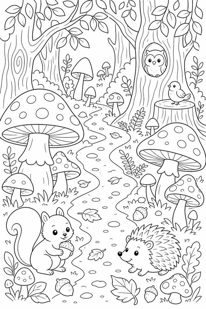 Cute Fall Mushroom Forest Walk coloring page