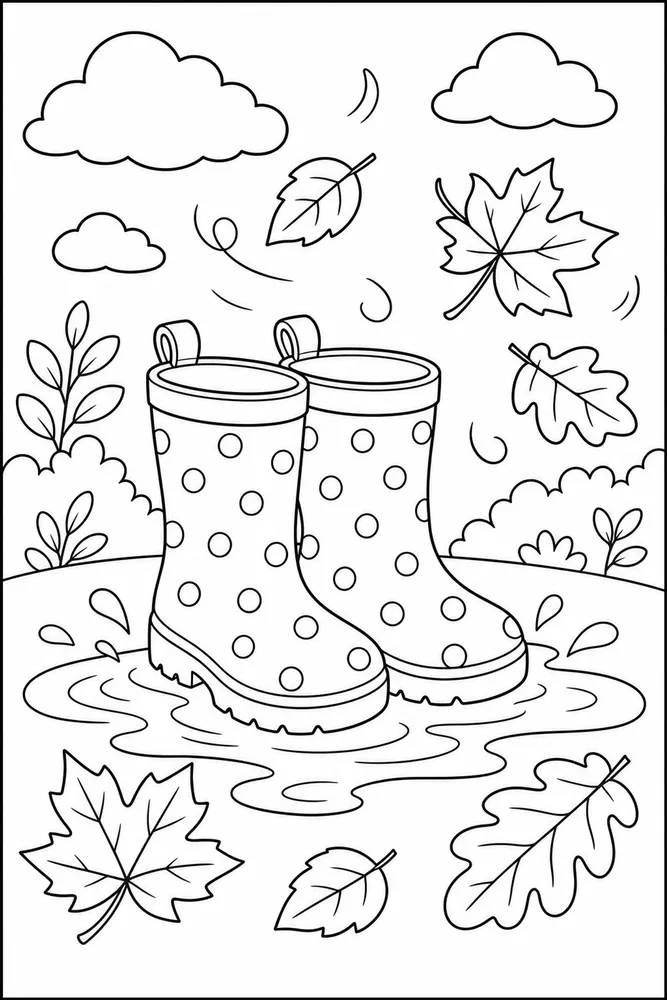 Cute Fall Rain Boots Puddle coloring page
