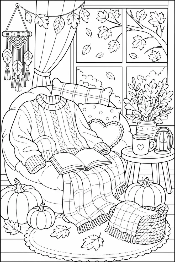 Cute Fall Sweater Reading Nook coloring page