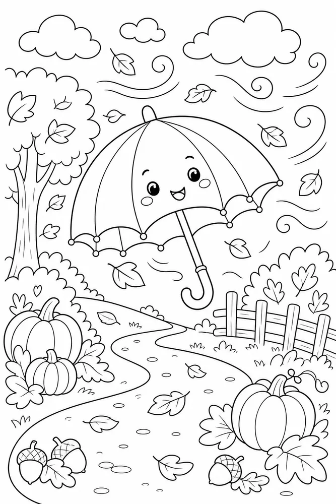Cute Fall Windy Umbrella Path coloring page