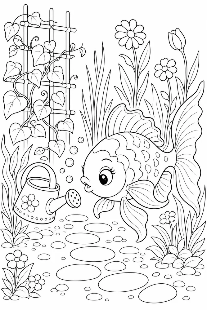 Cute Fish Cute fish garden setting coloring page