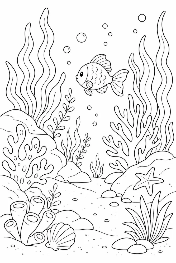 Cute Fish Cute fish habitat background coloring page