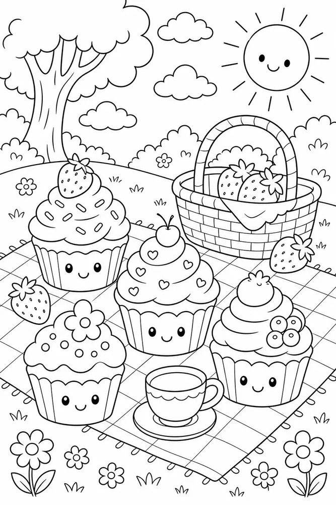 Cute Food Cupcake Picnic coloring page