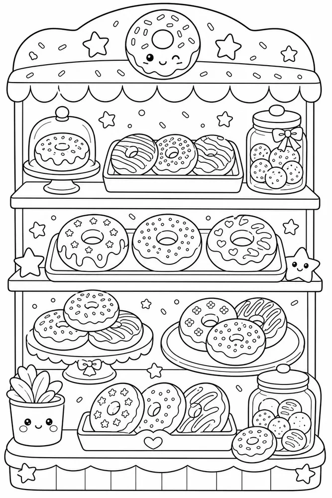 Cute Food Donut Bakery Shelf coloring page