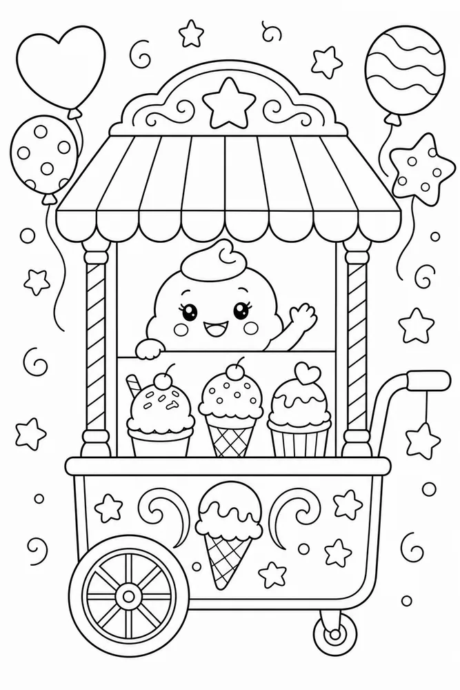 Cute Food Ice Cream Cart coloring page