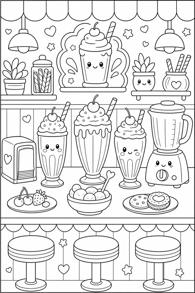 Cute Food Milkshake Counter coloring page