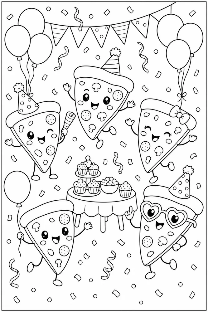 Cute Food Pizza Slice Party coloring page