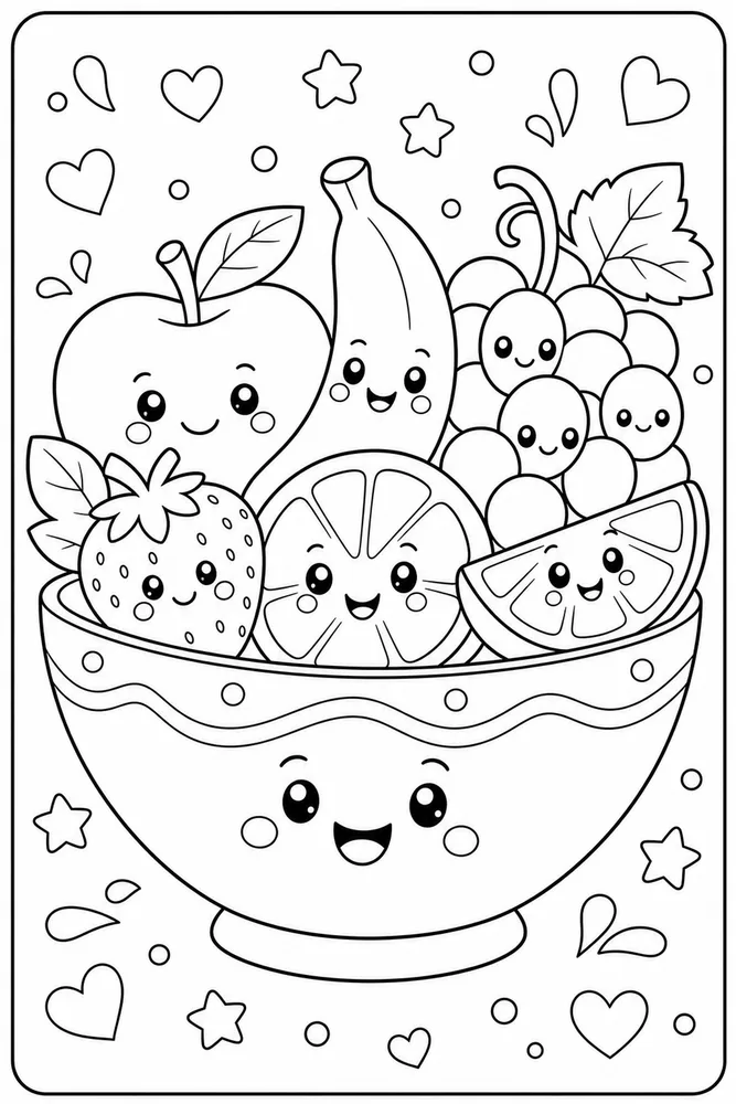 Cute Food Coloring Pages preview: Cute Food Smiling Fruit Bowl coloring page
